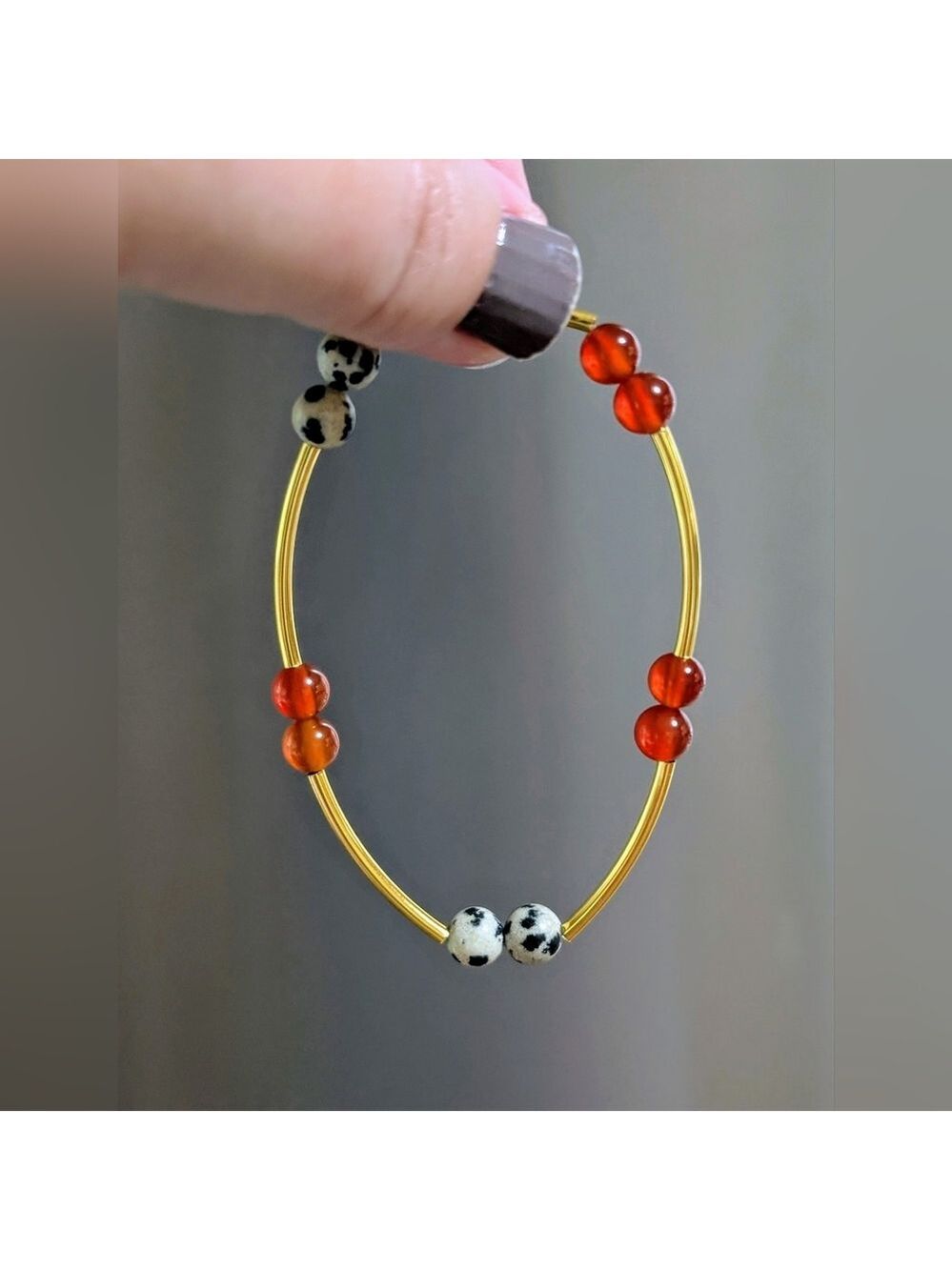 Hand Crafted Red Agate And Dalmatian Jasper Natural Stone Beaded Bracelet